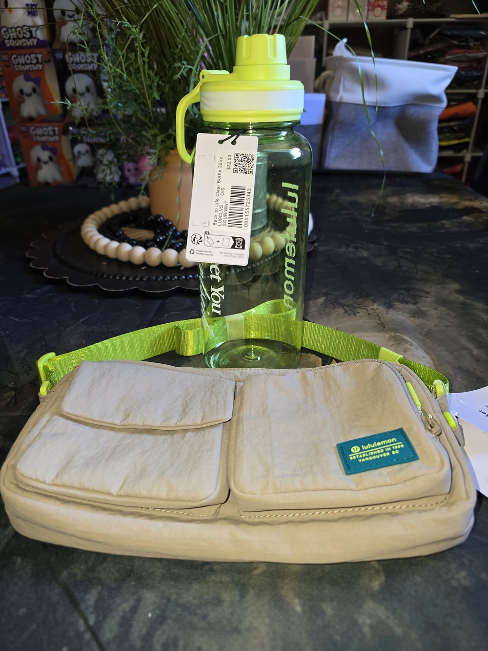 lululemon athletica Men’s Beige Crossbody Bag with Neon Green Strap